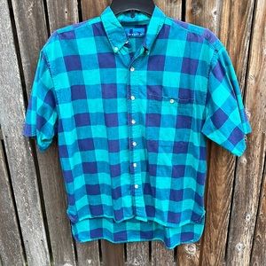 Button Front Shirt XL Green Navy Buffalo Plaid Check Short Sleeve Men’s